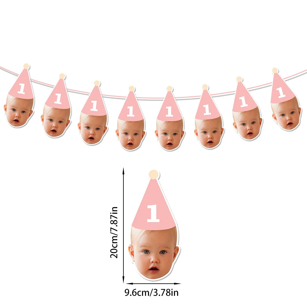 Custom Birthday Party Face Photo Banner with Age Numbers Birthday Hat Pattern Garland Kids 1st Birthday Party Baby Shower Decor