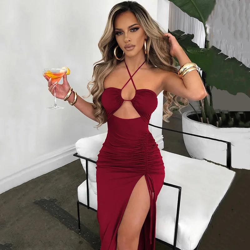 Cryptographic Hot Summer Sexy Halter Backless Sleeveless Cut Out Maxi Dress for Women Elegant Club Party Slit Dresses Vestido