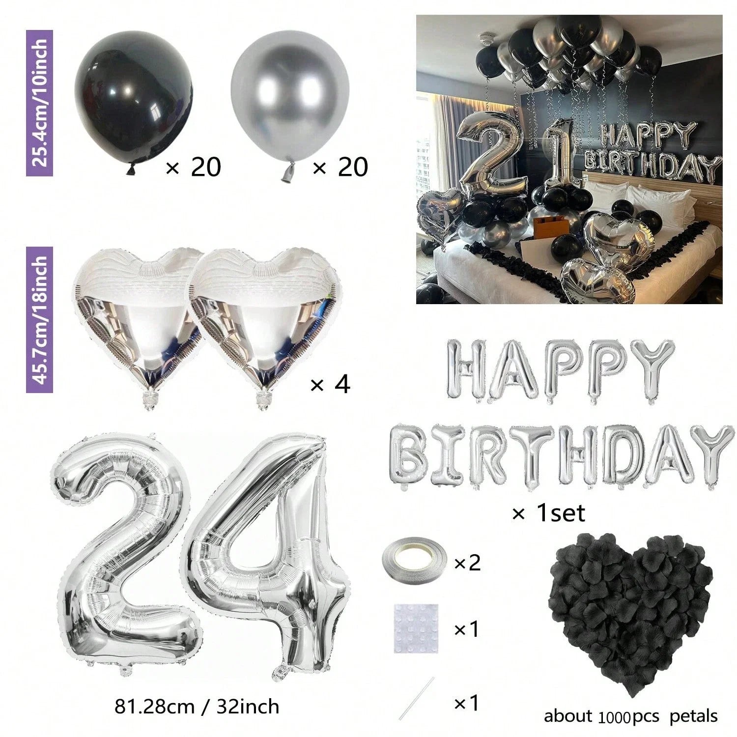 1050pcs Black & Silver Party Balloons Decorations with Silver Happy Birthday Banner Chrome Silver Balloons for kids and adults