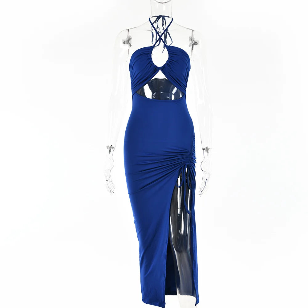 Cryptographic Hot Summer Sexy Halter Backless Sleeveless Cut Out Maxi Dress for Women Elegant Club Party Slit Dresses Vestido