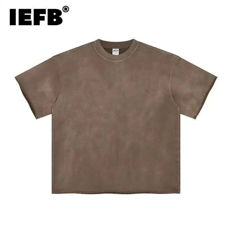 IEFB Spray Dye Washed Male Two-piece Set Light Brushed Short Sleeve T-shirt Elastic Waist Shorts Couple New Fashion Suit