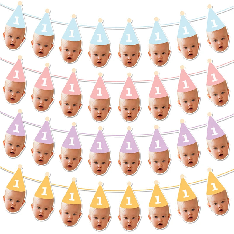 Custom Birthday Party Face Photo Banner with Age Numbers Birthday Hat Pattern Garland Kids 1st Birthday Party Baby Shower Decor