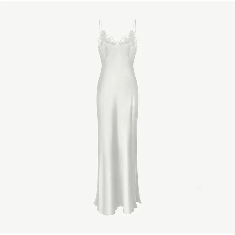 Lace Patchwork Sling Maxi Dress Women Sexy Solid V-neck Sleeveless Backless Satin Slim Long Gown Lady Chic Evening Party Dresses