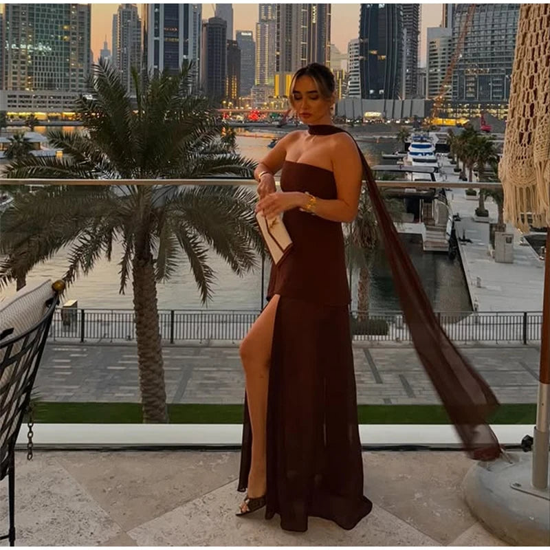 Elegant Strapless Long Dress Women Sexy Patchwork Mesh Sleeveless Sacrf Vestidos Female 2025 Spring Split Evening Dresses Lady