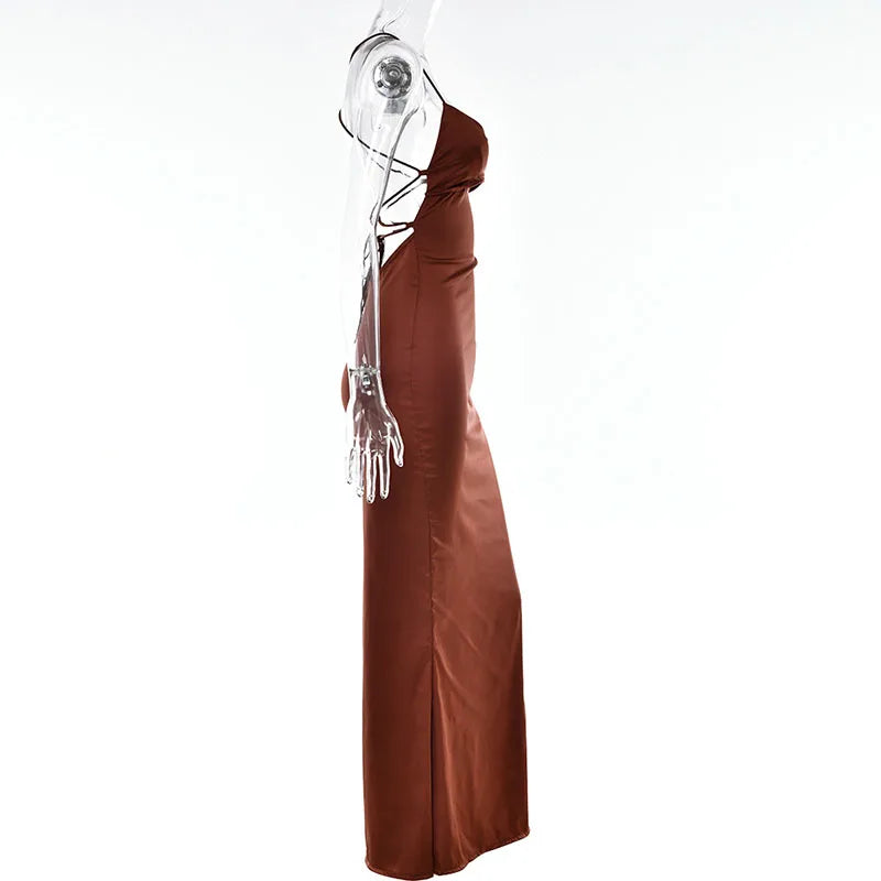 Sexy Spaghetti Strap Satin Dresses Women Elegant Backless Lace Up Mermaid Dress Woman Sleeveless Slim Bodycon Party Long Dress