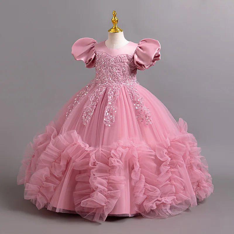 HETISO Girls Elegant Dresses Sequins Luxury Birthday Party Wedding Halloween Prom Gown Children's Princess Frocks 4 6 8 10 12Y
