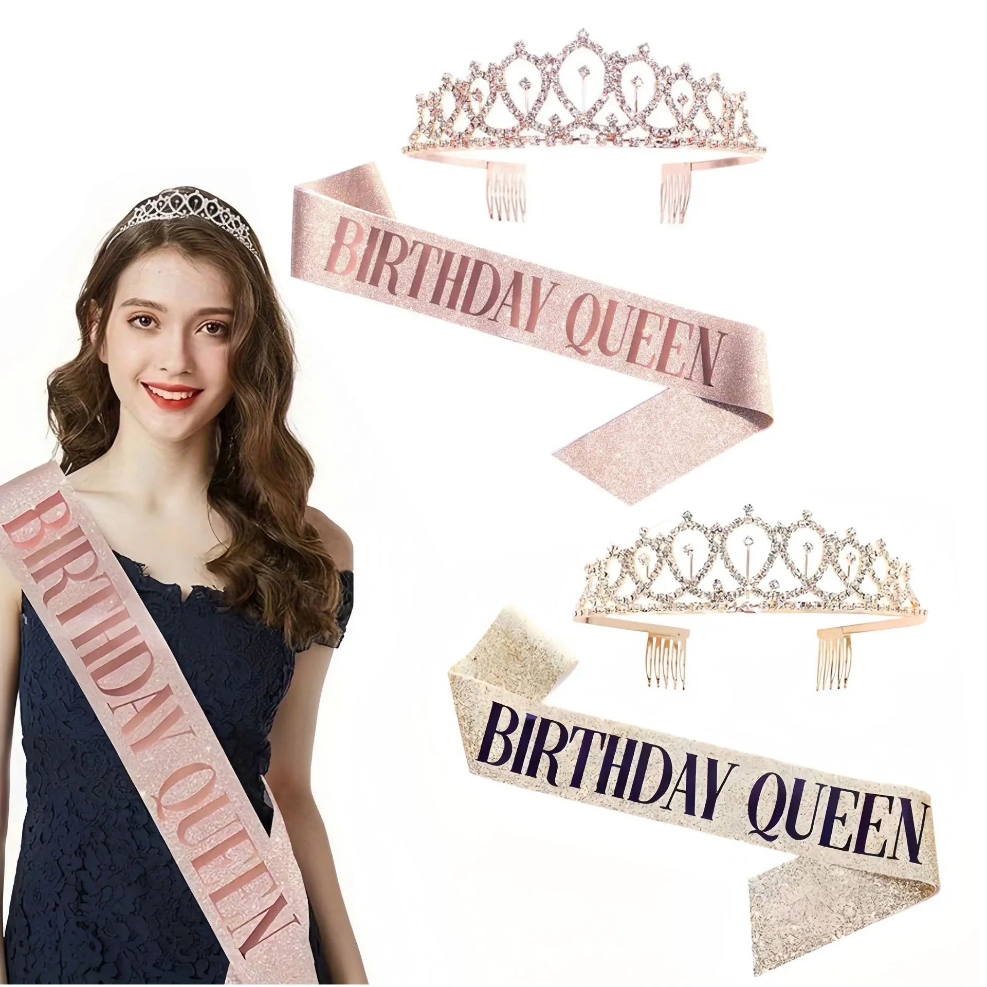 Bling Rhinestone Crystal Crown Birthday Anniversary Decoration Happy Birthday Queen Satin Sash Party Supplies