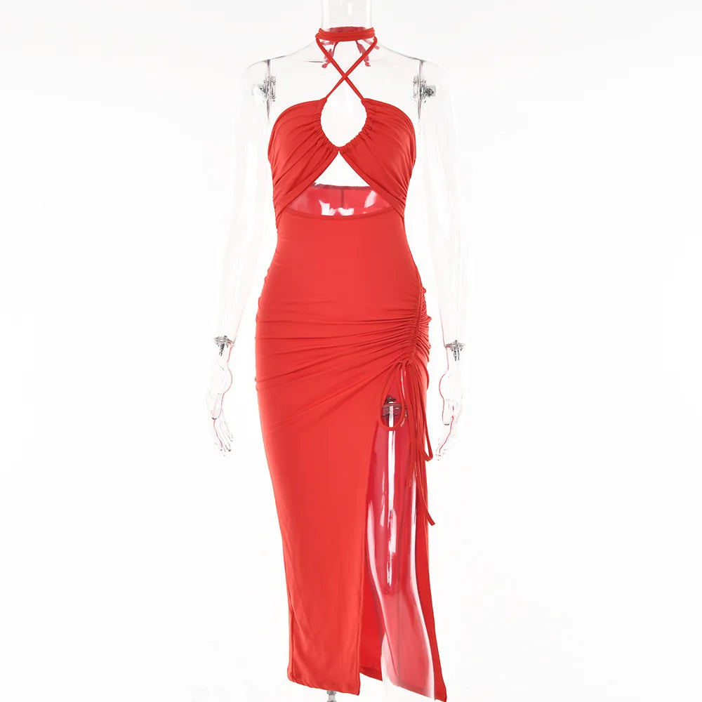 Cryptographic Hot Summer Sexy Halter Backless Sleeveless Cut Out Maxi Dress for Women Elegant Club Party Slit Dresses Vestido