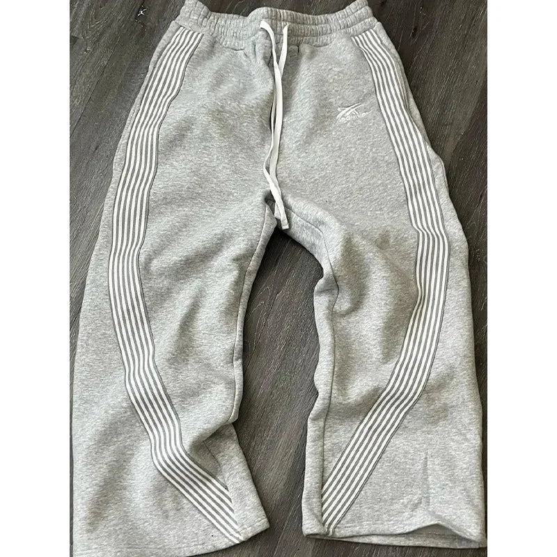 Men's Casual Striped Loose Wide Leg Pants Drawstring Straight Leg Sport Trousers Autumn Winter Fashion City Youth Polyester