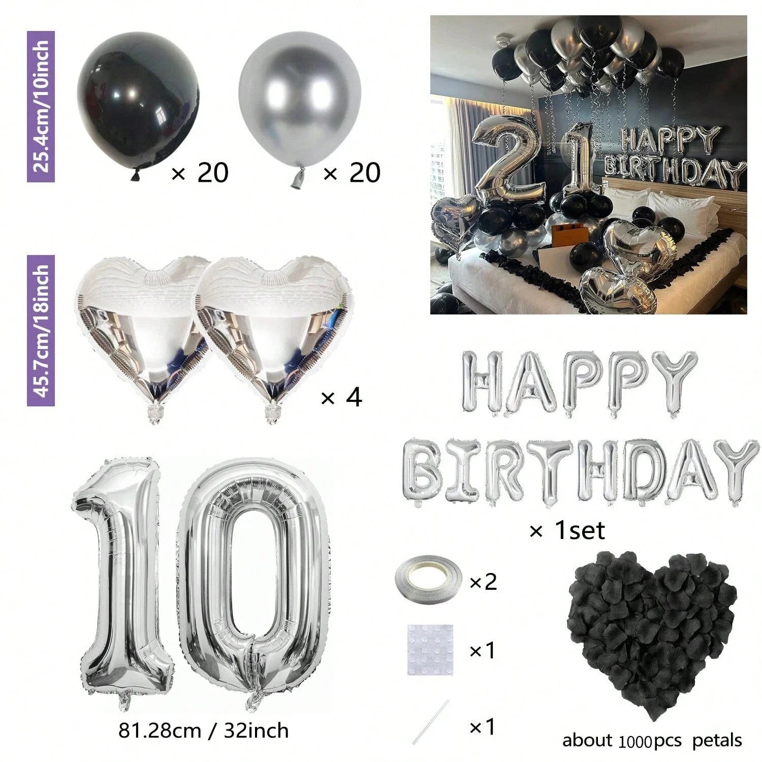1050pcs Black & Silver Party Balloons Decorations with Silver Happy Birthday Banner Chrome Silver Balloons for kids and adults