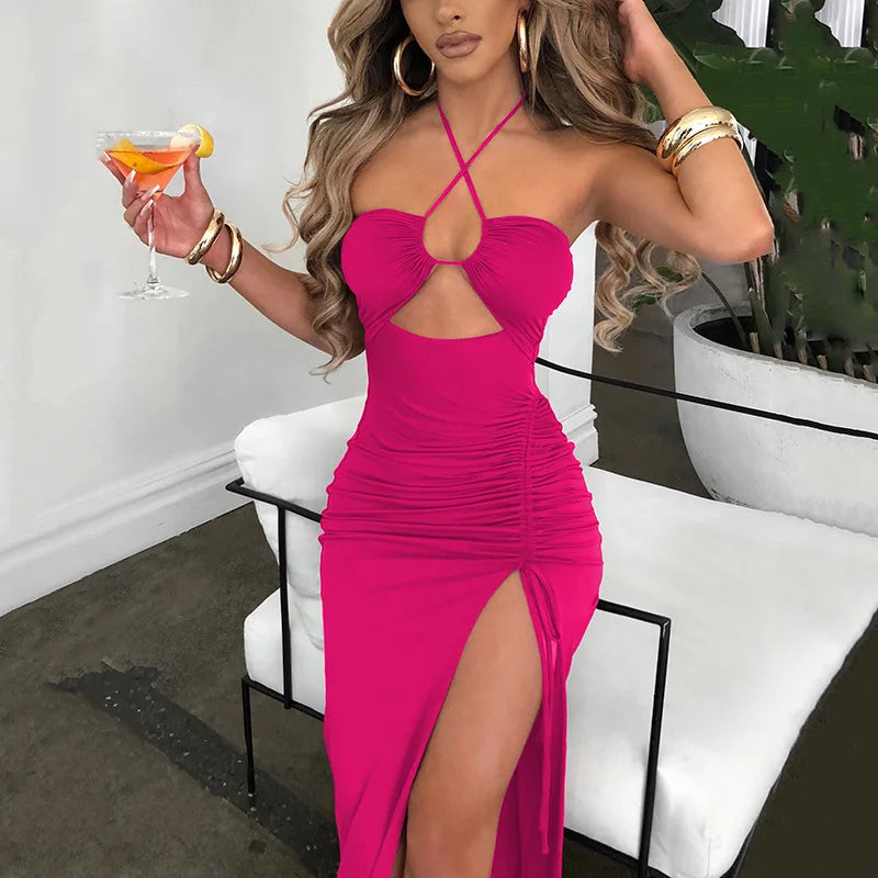 Cryptographic Hot Summer Sexy Halter Backless Sleeveless Cut Out Maxi Dress for Women Elegant Club Party Slit Dresses Vestido